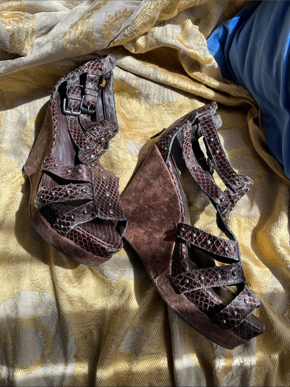 Brown Snake-Textured Wedge Sandals with Studded Straps